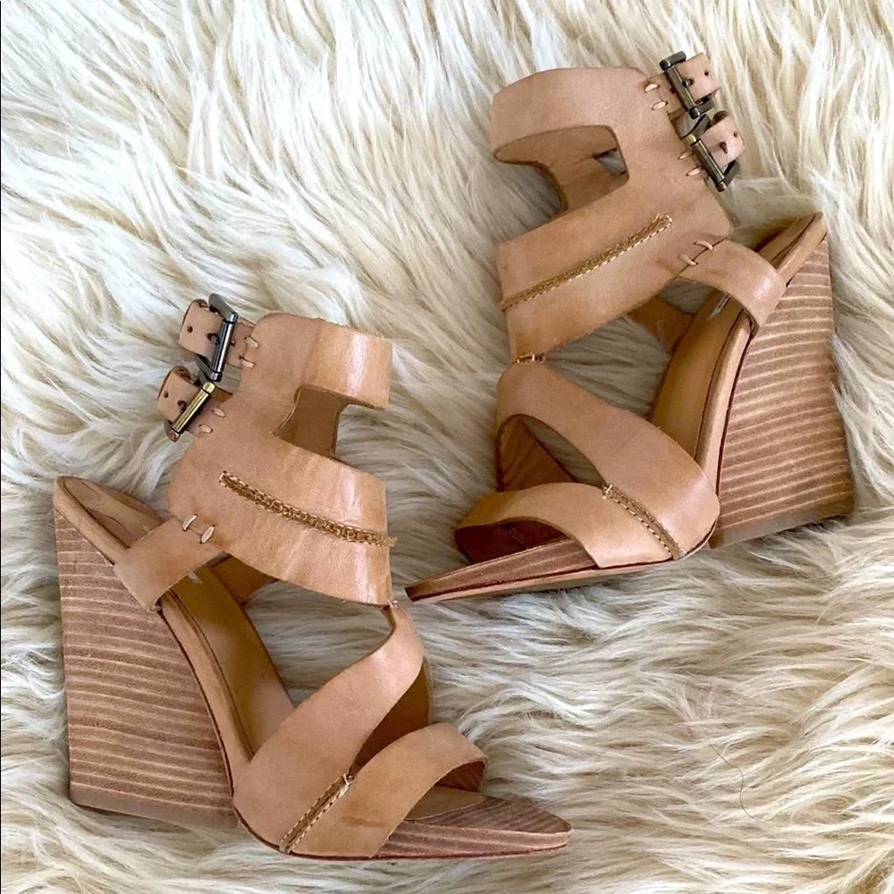 Leon Max Tan Wedge Sandals Chunky Heel Ankle Straps 8.5 New Boho Beach Vacation